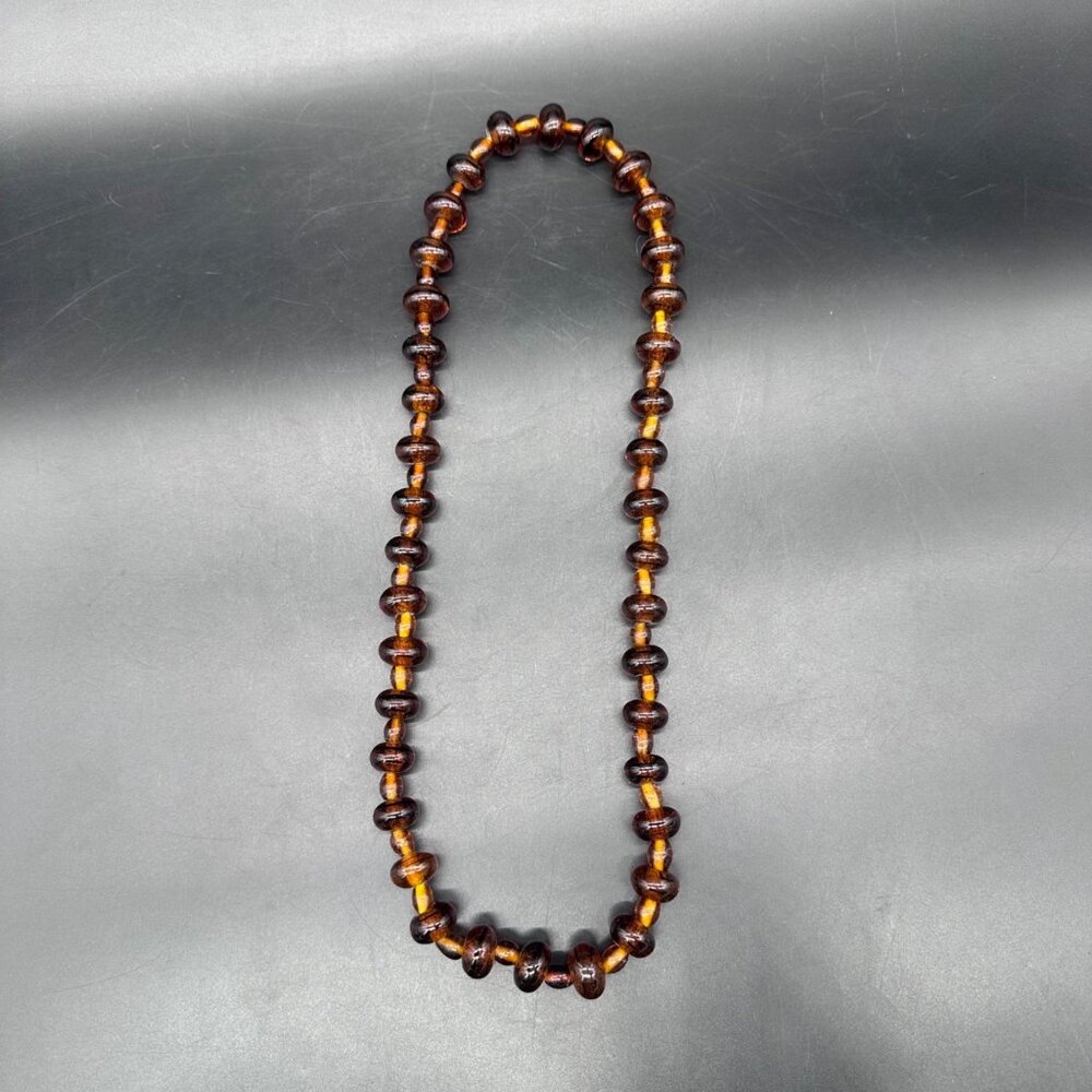 Vintage Amber Glass Bead Necklace Lampwork Swirl Handmade Heavy Jewelry Brown - Picture 3 of 7